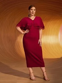 SHEIN Plus Cloak Sleeve Fringe Split Back Dress - Burgundy - View 2