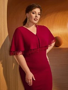 SHEIN Plus Cloak Sleeve Fringe Split Back Dress - Burgundy - View 8