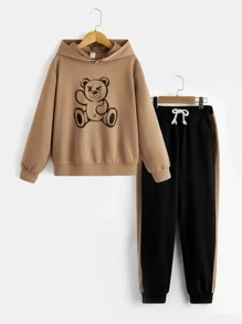 SHEIN Boys Bear Print Hoodie & Drawstring Waist Joggers - Multicolor - View 1