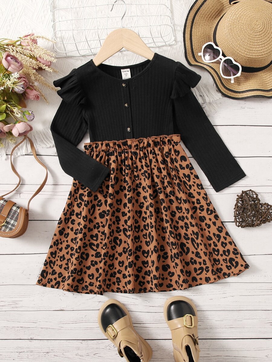 SHEIN Vestido informal para niña con bloque de color con estampado de leopardo de punto suave, con volantes y cintura ceñida - Multicolor - Ver 1