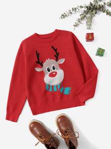 SHEIN Boys Christmas Elk Pattern Jumper - Red - View 1