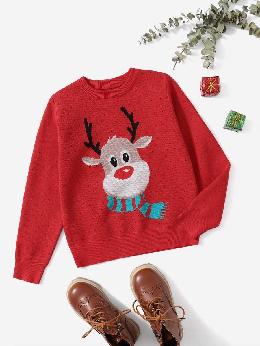 SHEIN Boys Christmas Elk Pattern Jumper - Red - View 1