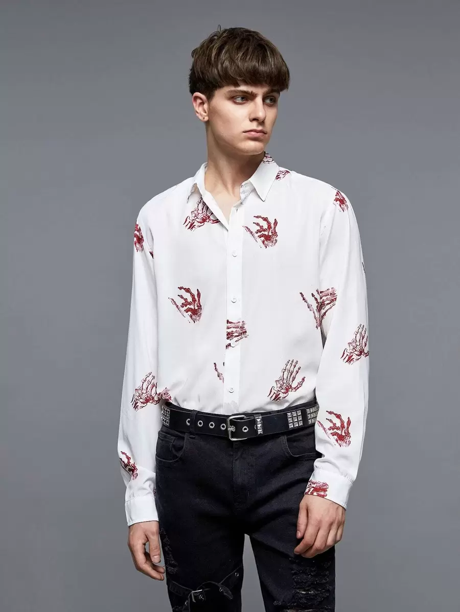 Manfinity Men Skeleton Hand Print Shirt, For Halloween - White - View 1