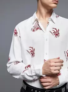 Manfinity Men Skeleton Hand Print Shirt, For Halloween - White - View 5