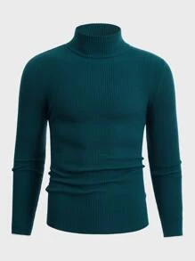 Manfinity Hombres Jersey de cuello alto tejido de canalé - Agua verde azul - Ver 4