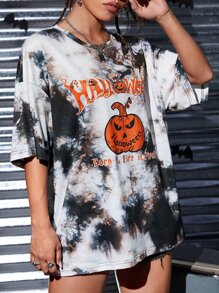 SHEIN EZwear Halloween Print Tie Dye Drop Shoulder Tee - Multicolor - View 4
