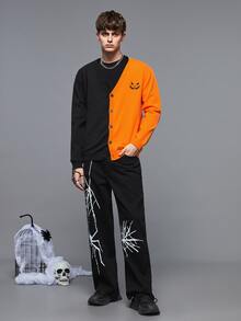 Manfinity Men Halloween Two Tone Expression Embroidery Cardigan - Multicolor - View 3