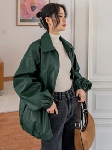 DAZY جاكيت منخفض الاكتاف جيب مائل جلد صناعي