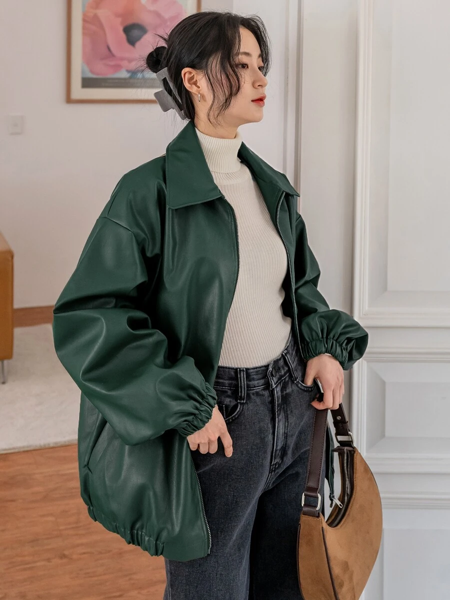 DAZY جاكيت منخفض الاكتاف جيب مائل جلد صناعي