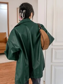 DAZY جاكيت منخفض الاكتاف جيب مائل جلد صناعي