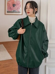 DAZY جاكيت منخفض الاكتاف جيب مائل جلد صناعي