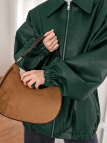 DAZY جاكيت منخفض الاكتاف جيب مائل جلد صناعي