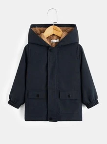 SHEIN 小男童翻蓋口袋毛絨內襯連帽外套