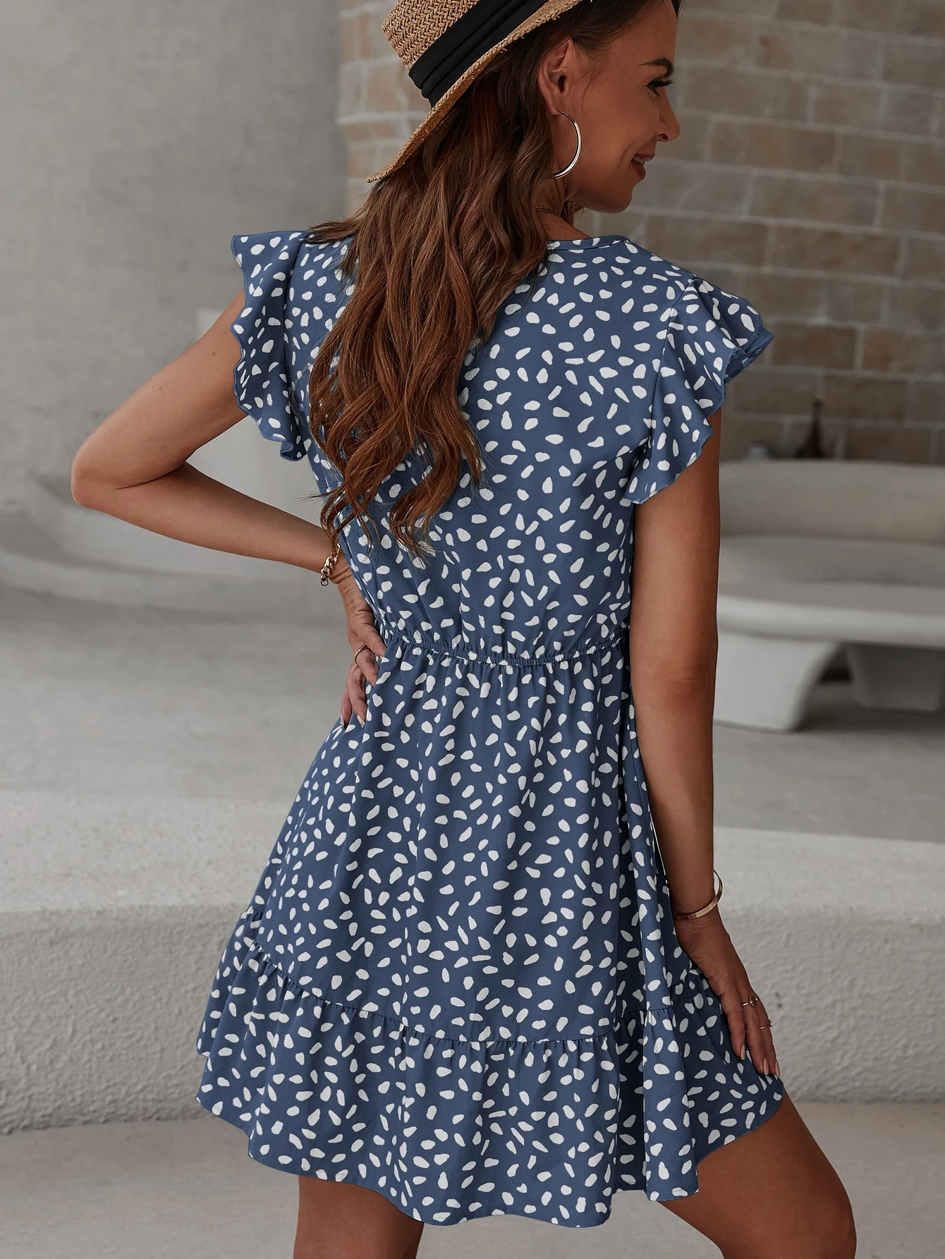 Miniatura 2 de Vestido línea A con estampado de manga mariposa Neblina azul