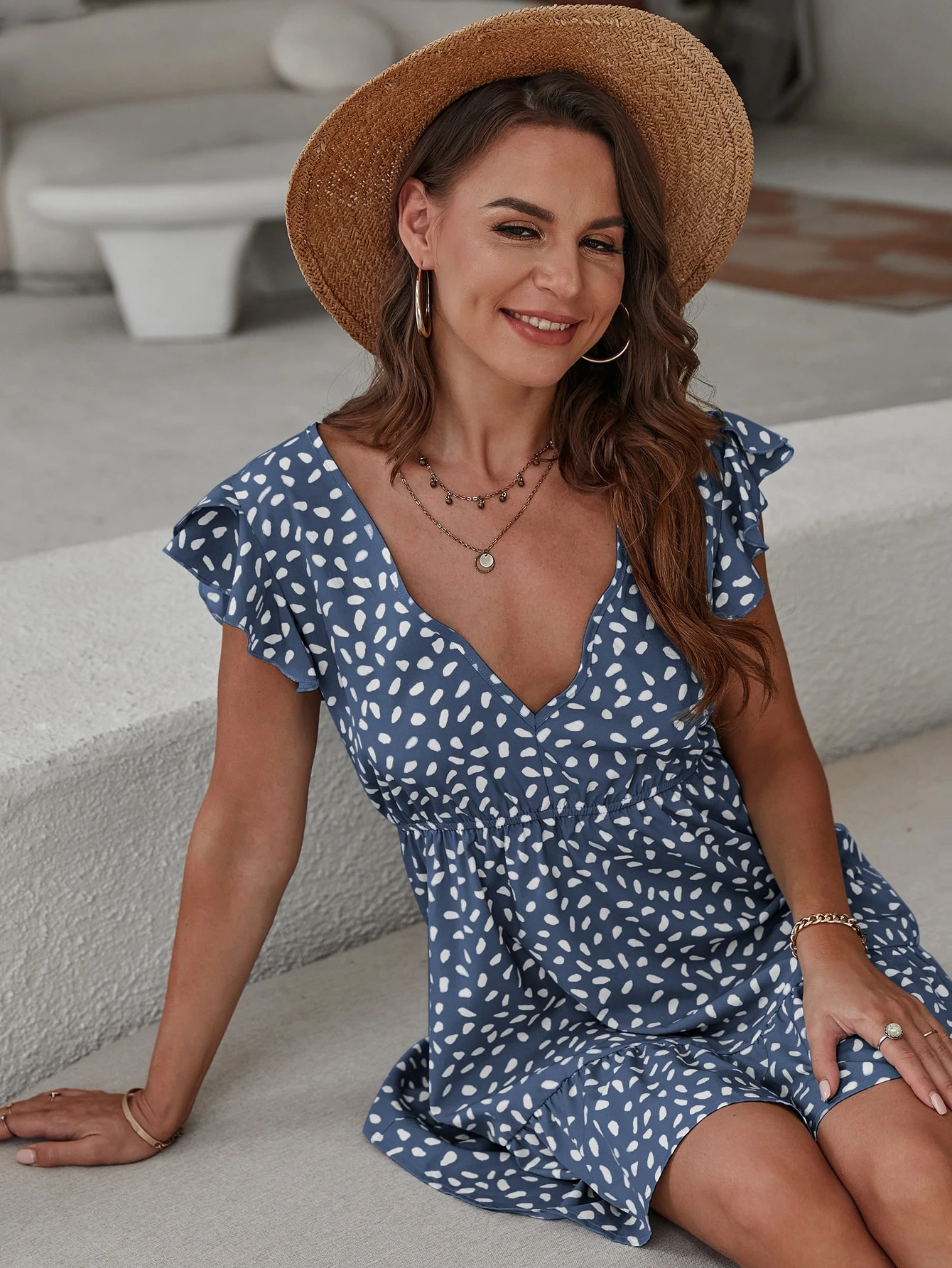 Miniatura 5 de Vestido línea A con estampado de manga mariposa Neblina azul