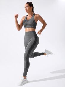 Easithlete 2入組無縫健身瑜伽套裝套裝工字上衣緊縮褶皺臀部緊身打底褲 - 深灰色 - 查看 8