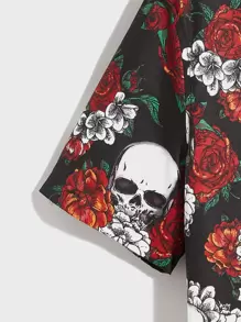 Manfinity RebelGame Áo sơ mi nam thời trang họa tiết đầu lâu và hoa, mùa hè - Nhiều màu - Xem 4