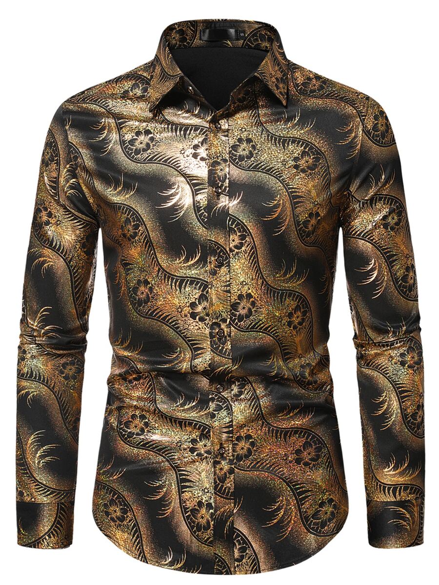 Manfinity 男士燙金花朵和羽毛印花襯衫