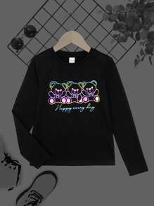 SHEIN Girls Reflective Slogan & Cartoon Graphic Tee - Black - View 1