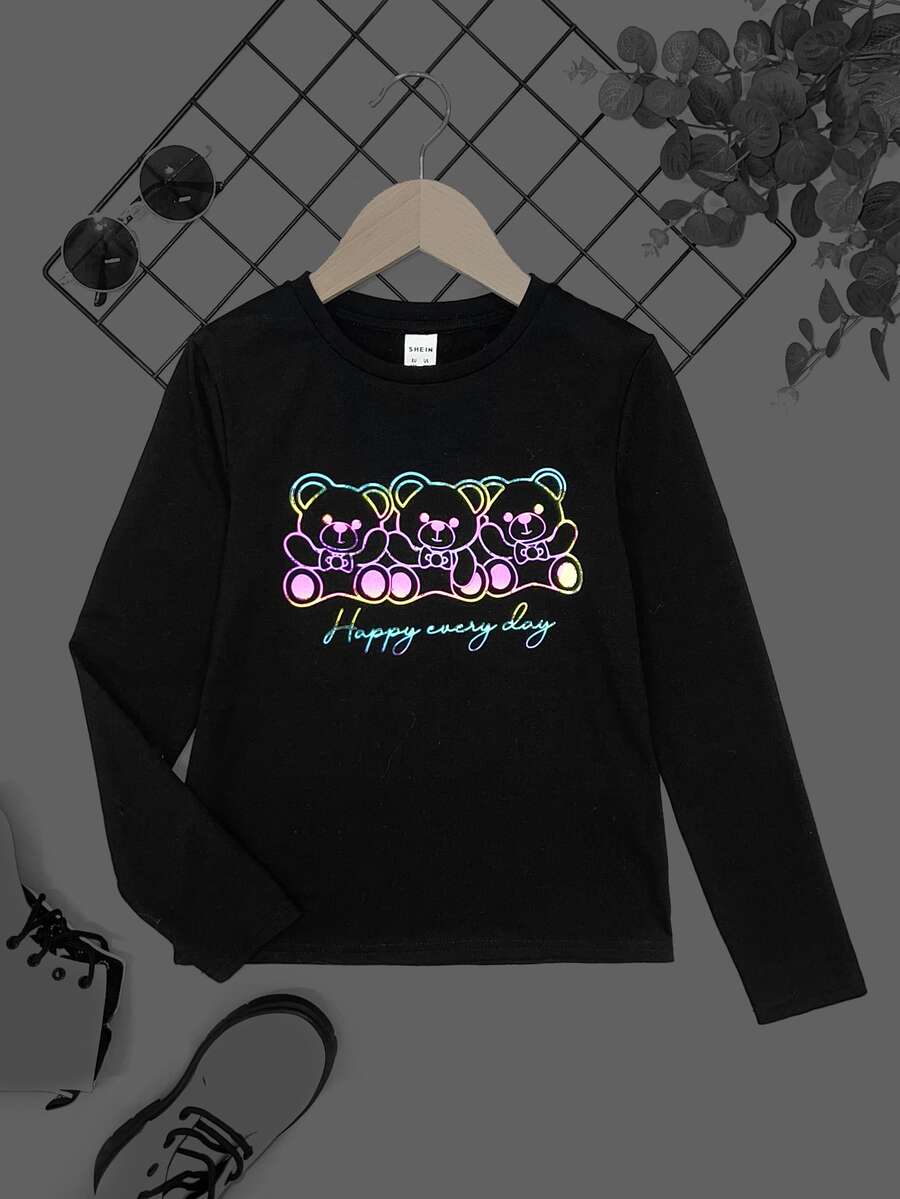 SHEIN Girls Reflective Slogan & Cartoon Graphic Tee - Black - View 1
