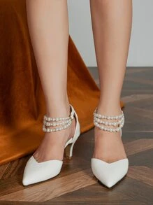 Giày cao gót quai mắt cá chân trang trí ngọc trai giả ngày lễ tình nhân - trắng - Xem 5