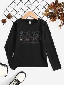 SHEIN Girls Reflective Slogan & Cartoon Graphic Tee - Black - View 4