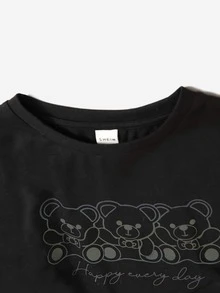SHEIN Girls Reflective Slogan & Cartoon Graphic Tee - Black - View 5