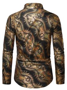 Manfinity 男士燙金花朵和羽毛印花襯衫