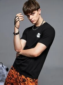 SWAVVY 男士T恤合身船領下肩短袖塗鴉T恤酷炫休閒棉夏裝