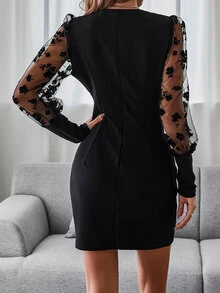 Contrast Floral Mesh Bishop Sleeve Ruched Bodycon Dress - Black - View 2