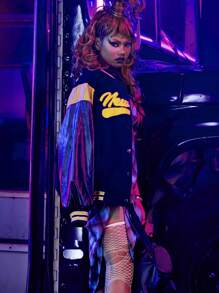 SHEIN Unity Letter Graphic Contrast PU Sleeve Bomber Jacket - Black - View 3