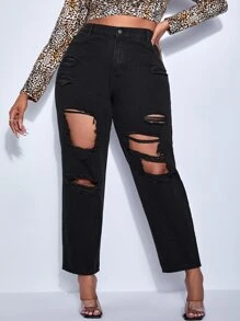 SHEIN Plus Cut Out Ripped Straight Leg Jeans - Black - View 1