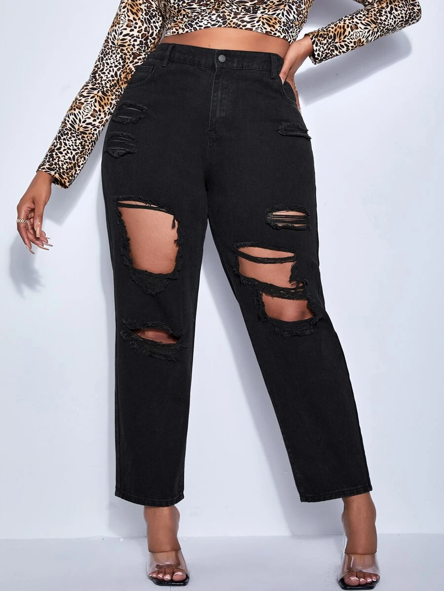 SHEIN Plus Cut Out Ripped Straight Leg Jeans - Black - View 1