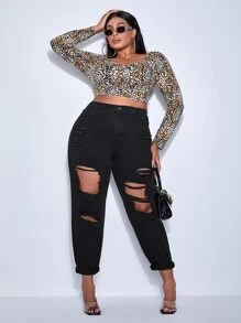 SHEIN Plus Cut Out Ripped Straight Leg Jeans - Black - View 3