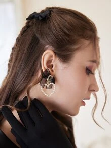 ROMWE Kawaii 蝴蝶結裝飾珍珠心形耳墜 - 彩色 - 查看 3