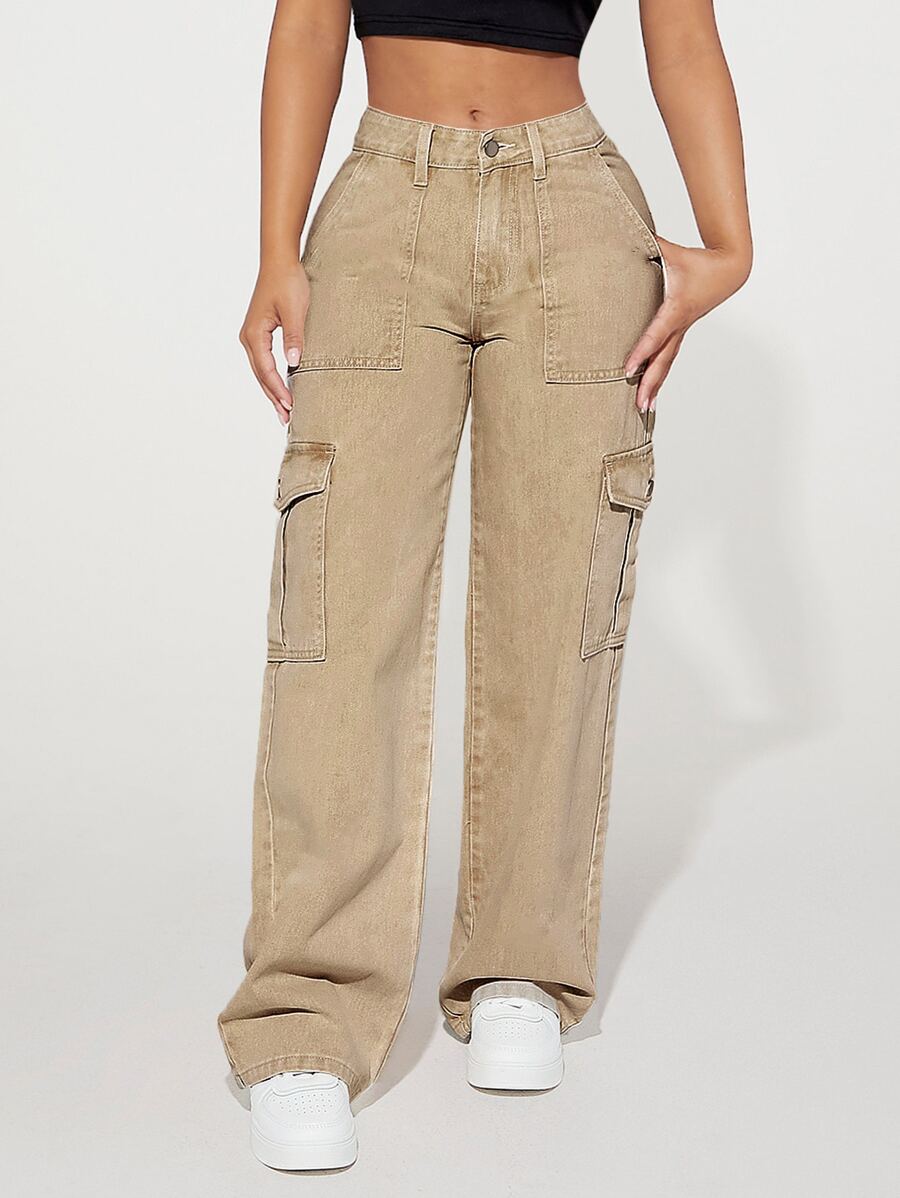 SHEIN PETITE 側翻蓋口袋工裝牛仔褲 - 卡其色 - 查看 1