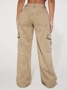 SHEIN PETITE 側翻蓋口袋工裝牛仔褲 - 卡其色 - 查看 2