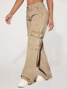 SHEIN PETITE 側翻蓋口袋工裝牛仔褲 - 卡其色 - 查看 3