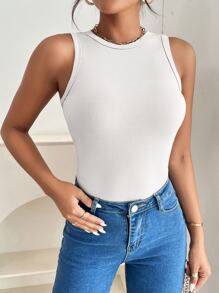 SHEIN PETITE Solid Rib Knit Tank Summer  Top - White - View 6