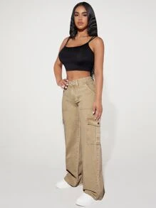 SHEIN PETITE 側翻蓋口袋工裝牛仔褲 - 卡其色 - 查看 4