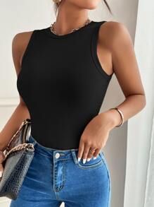 SHEIN PETITE Camiseta De Verano De Punto Acanalado Sin Mangas - Negro - Ver 3