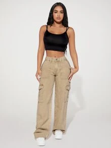 SHEIN PETITE 側翻蓋口袋工裝牛仔褲 - 卡其色 - 查看 5