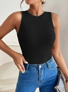 SHEIN PETITE Camiseta De Verano De Punto Acanalado Sin Mangas - Negro - Ver 5