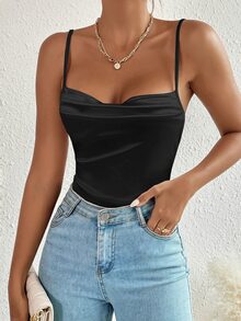SHEIN PETITE Body de tirantes escote drapeado de satén - Negro - Ver 6