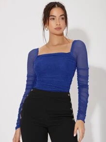SHEIN Privé Ruched Square Neck Solid Metallic Top - Royal Blue - View 4