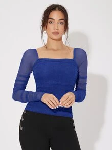 SHEIN Privé Ruched Square Neck Solid Metallic Top - Royal Blue - View 5