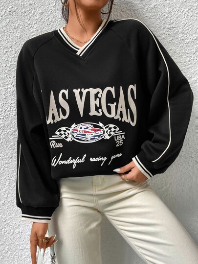 SHEIN Unity Letter & Car Print Contrast Piping Striped Trim Raglan Sleeve Pullover