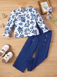 SHEIN 小女童印花荷葉袖褶邊領襯衫和假鈕扣長褲 - 藍白色 - 查看 1