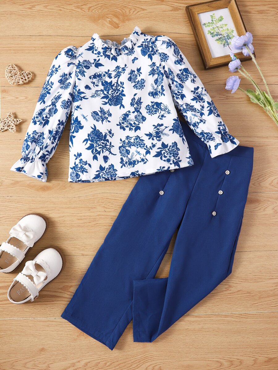 SHEIN 小女童印花荷葉袖褶邊領襯衫和假鈕扣長褲 - 藍白色 - 查看 1