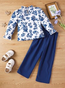 SHEIN 小女童印花荷葉袖褶邊領襯衫和假鈕扣長褲 - 藍白色 - 查看 2